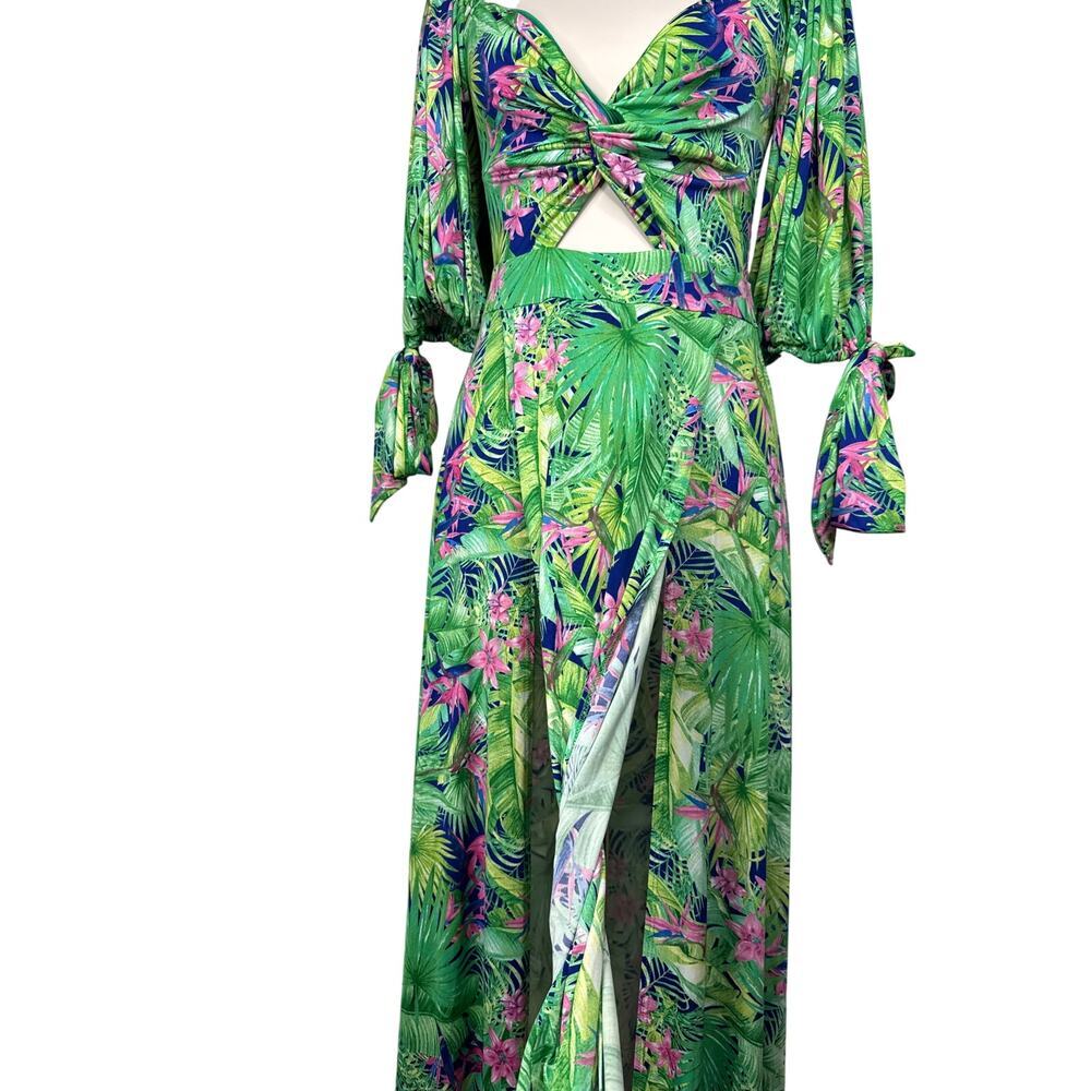 Tropical Palm Print Resort Maxi Dress Beach Cover Up Twist Front Size Large - Picture 9 of 11